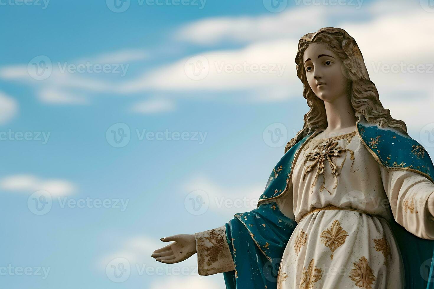 ai generado nuestra dama de gracia, bendito Virgen María en contra antecedentes de cielo con nubes foto