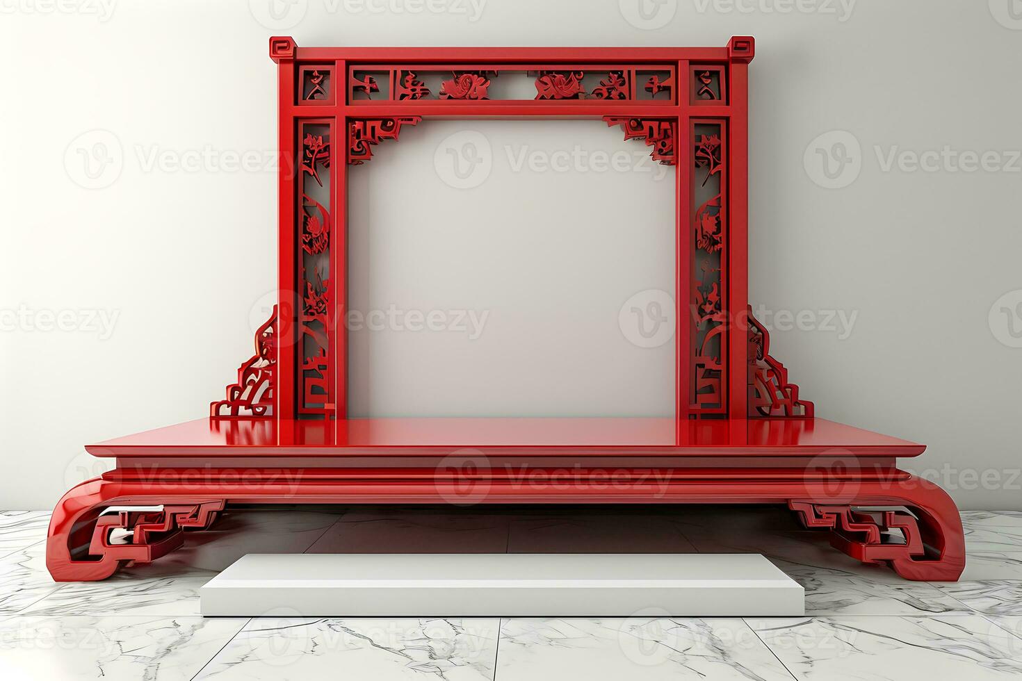 AI generated Red colored mockup frame and podium. Chinese traditional theme. photo