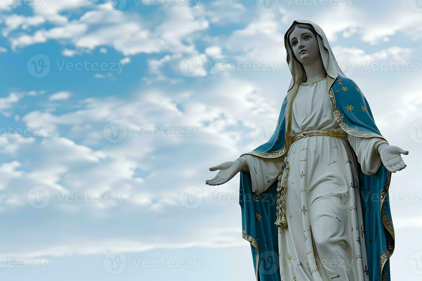 ai generado nuestra dama de gracia, bendito Virgen María en contra antecedentes de cielo con nubes foto