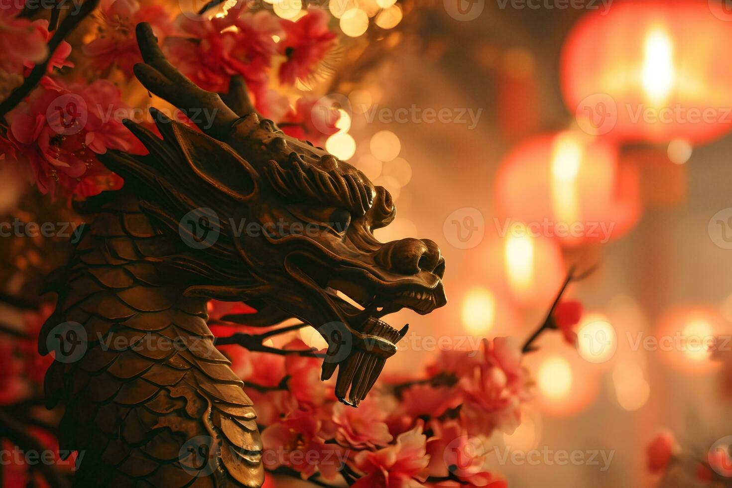 AI generated Chinese dragon statue decorated with traditional lanterns and flowers photo