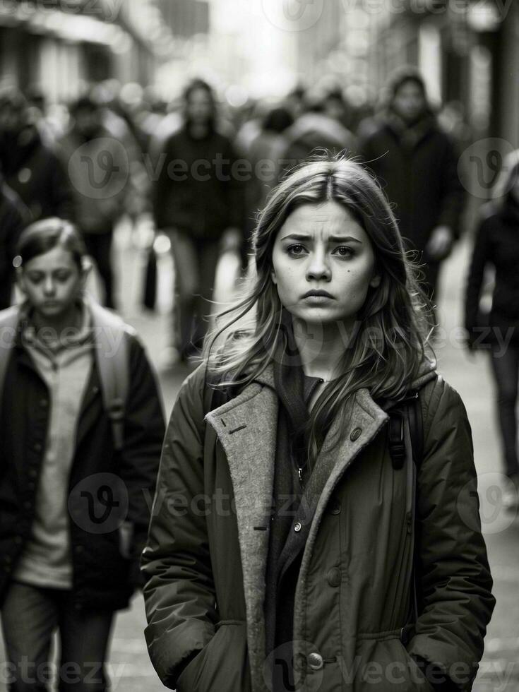 AI generated Mental health problems, young woman stands in crowd of people in a hazy and sad mood. photo