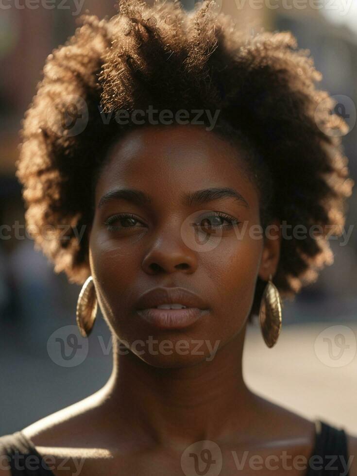 AI generated Outdoor portrait of a black woman with sun light photo