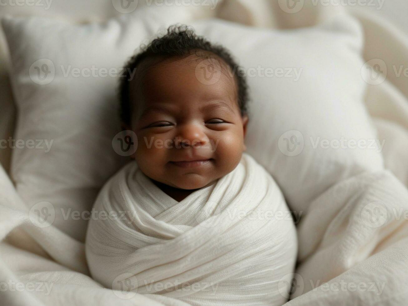 ai generado pacífico recién nacido felicidad un sereno negro del bebe sonrisa capturado en un blanco cama, simbolizando salud y felicidad foto