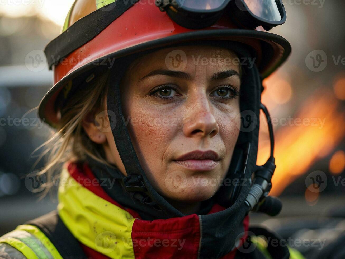 AI generated Portrait of a female firefighter performing her duties in a fire area. photo