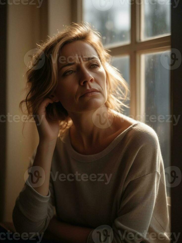 AI generated Mental health, Woman in a sad mood and waiting for someone near the window at home photo