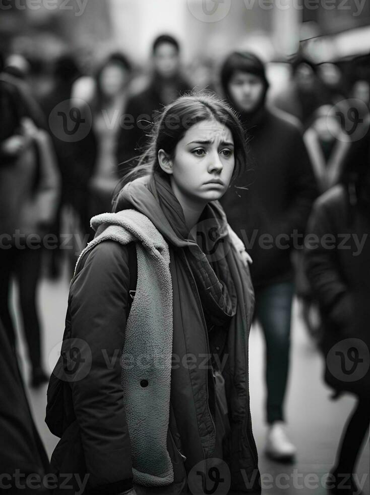 ai generado mental salud problemas, joven mujer soportes en multitud de personas en un brumoso y triste humor. foto