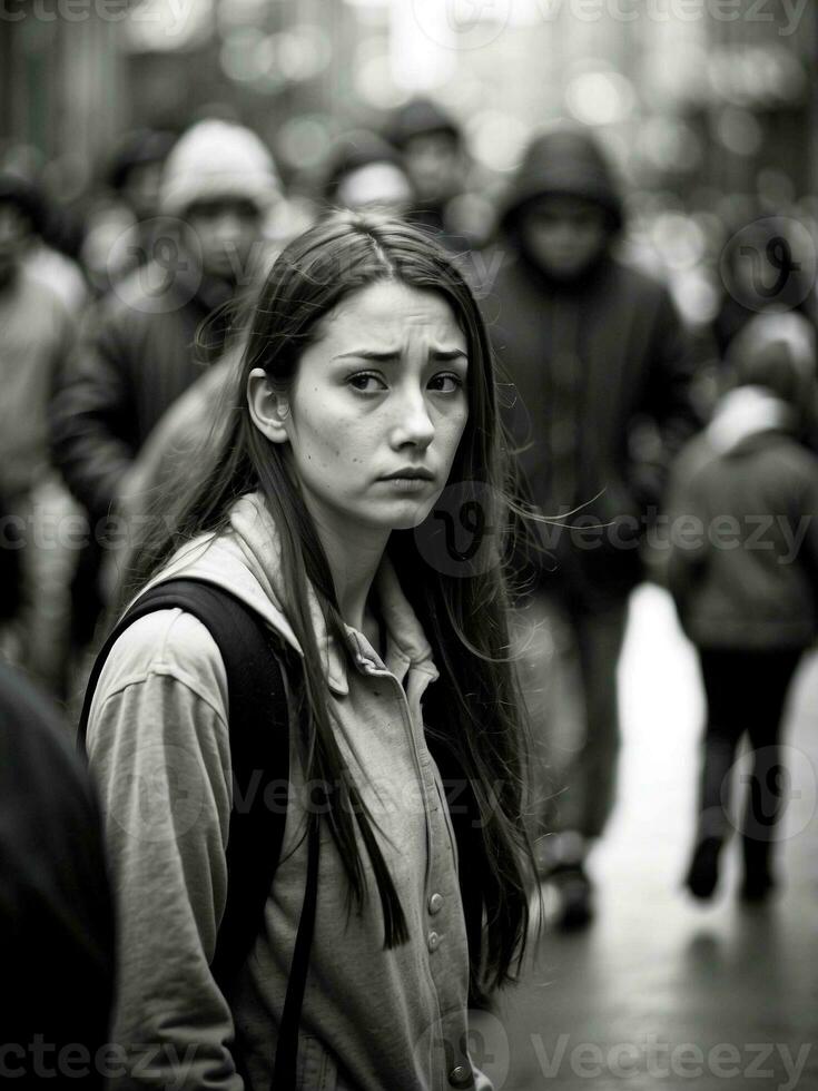 ai generado mental salud problemas, joven mujer soportes en multitud de personas en un brumoso y triste humor. foto