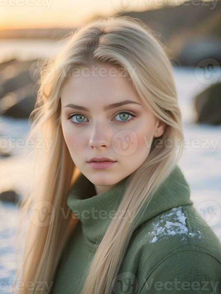 AI generated Beautiful woman with straight blond hair, light blue eyes, uneven skin, distinctive, unconventional and vulnerable appearance, photo