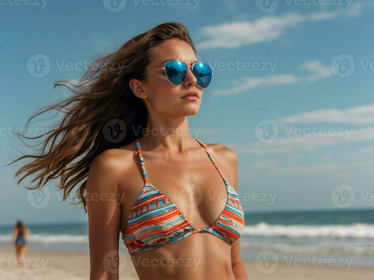 AI generated Beautiful and sexy woman wearing sunglasses during vacation at the beach. photo