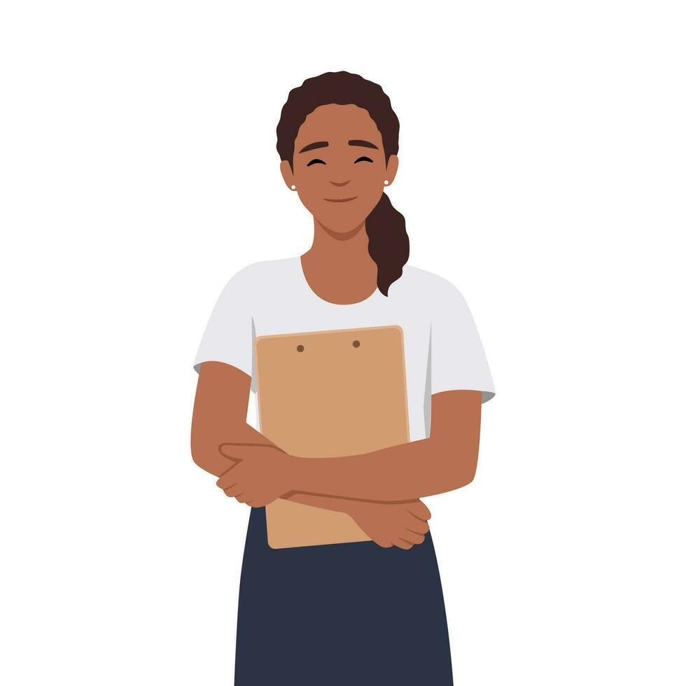 Beautiful office woman holding clipboard with smile. vector