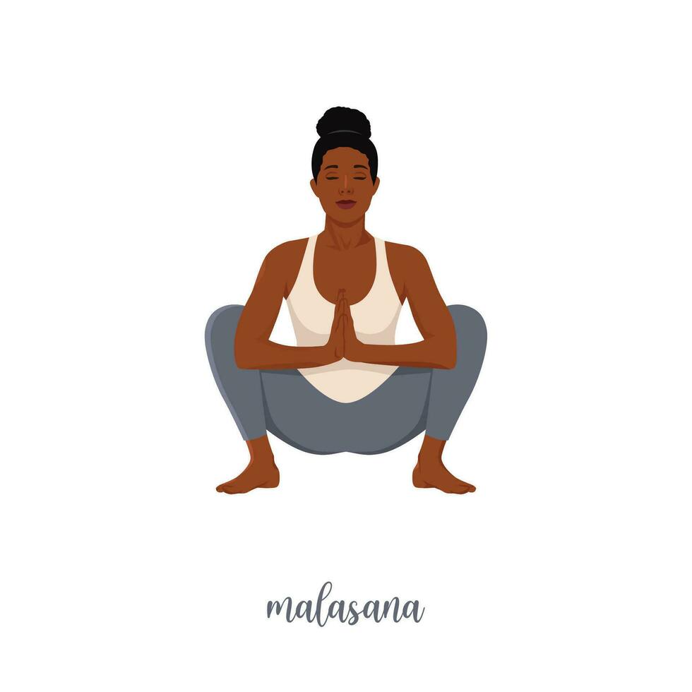 mujer haciendo yoga, sentado en malasana guirnalda pose. vector