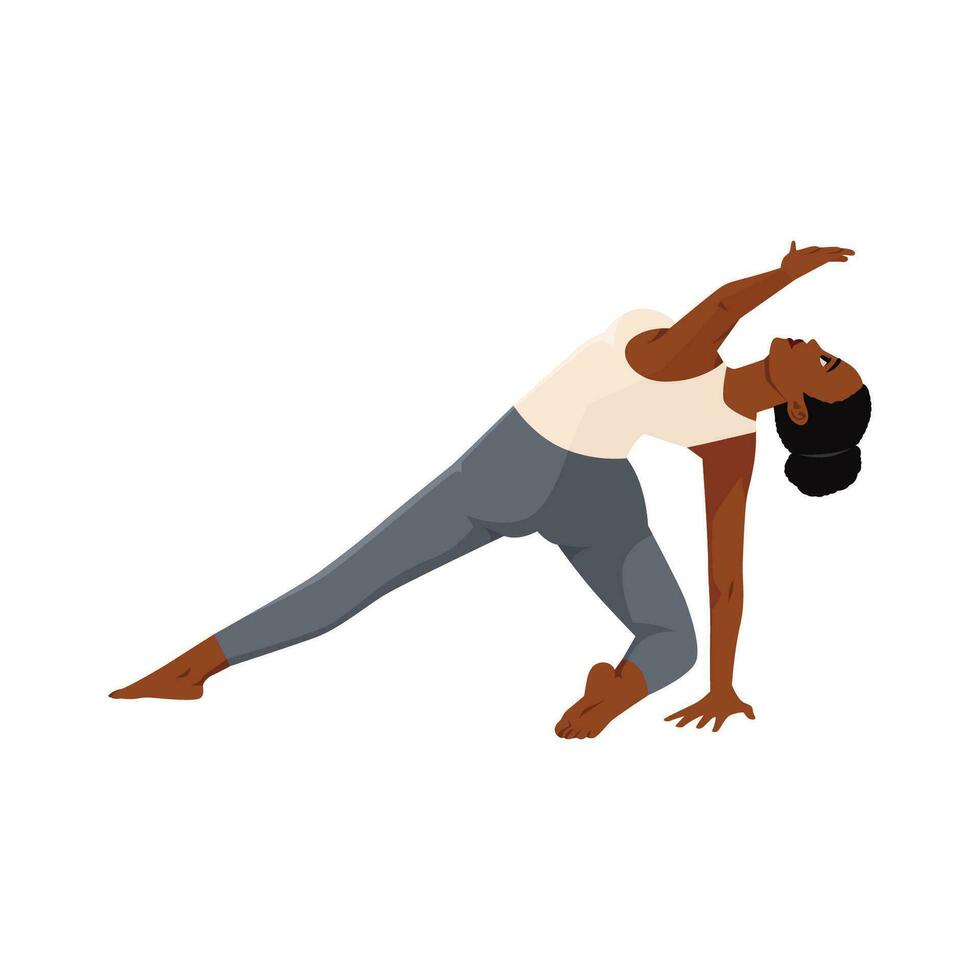mujer haciendo parivrita parighasana o giratorio haz yoga pose. vector