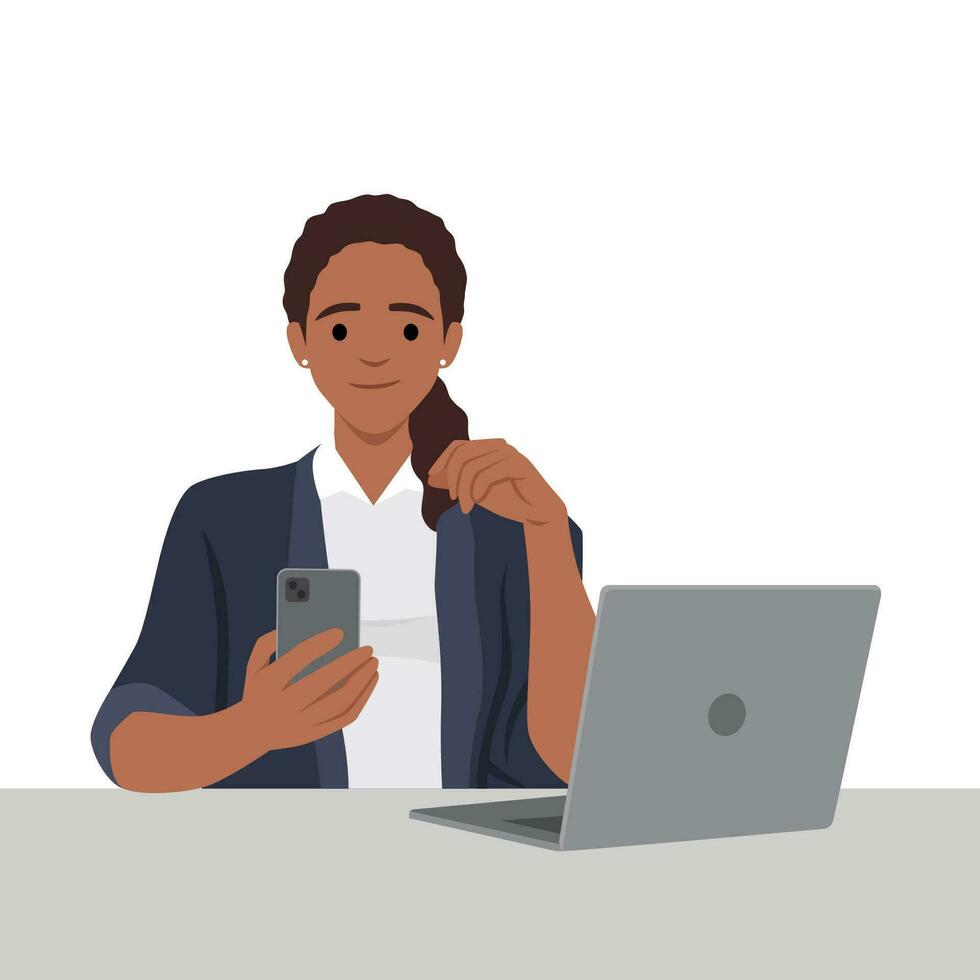 Black Woman chatting on a smartphone sitting at the desk. Happy freelancer or office female working remotely use a laptop. vector