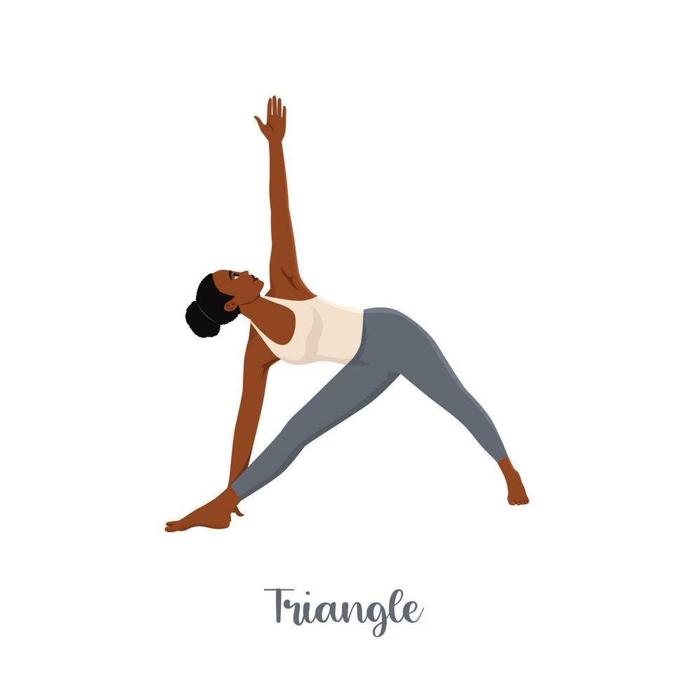 mujer haciendo triángulo yoga pose, trikonasana, extensión ejercicio, asana ayuda a aliviar estrés. vector