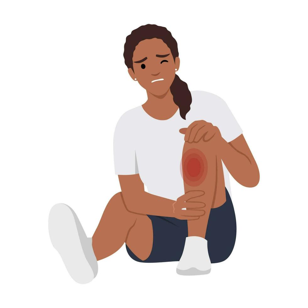 Unhealthy girl sit on ground suffer from knee pain. Unhappy unwell woman struggle with leg injury or trauma. vector