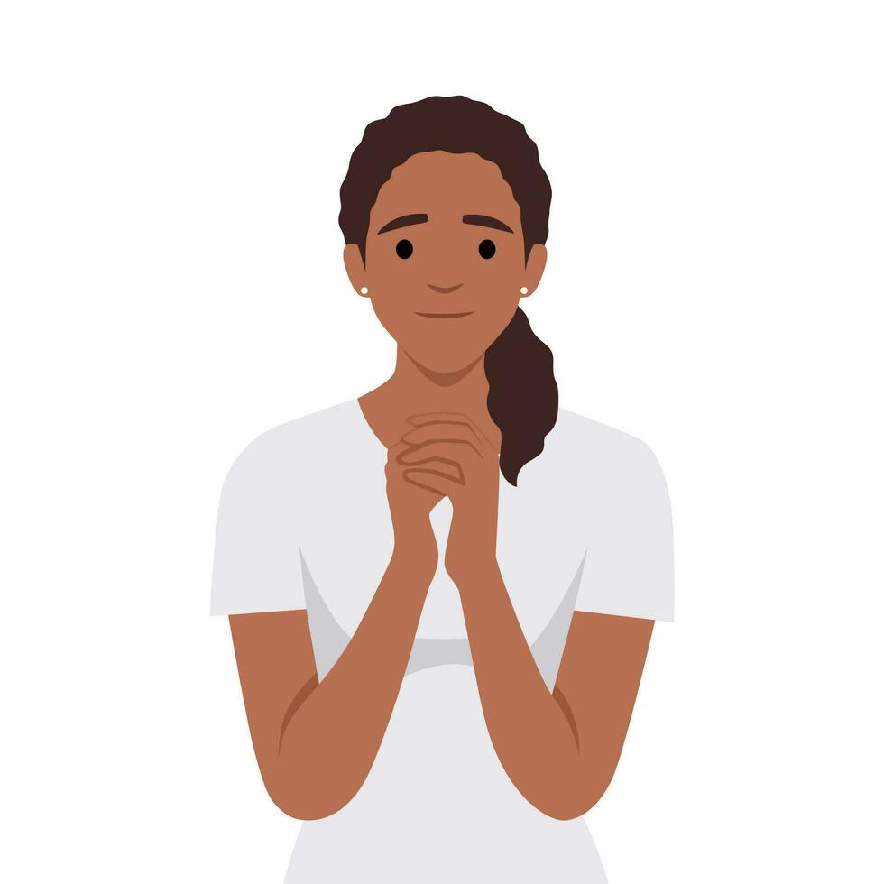 Young woman with hands in prayer ask for forgiveness or beg. Happy girl feel hopeful and joyful praying. Faith and belief. vector