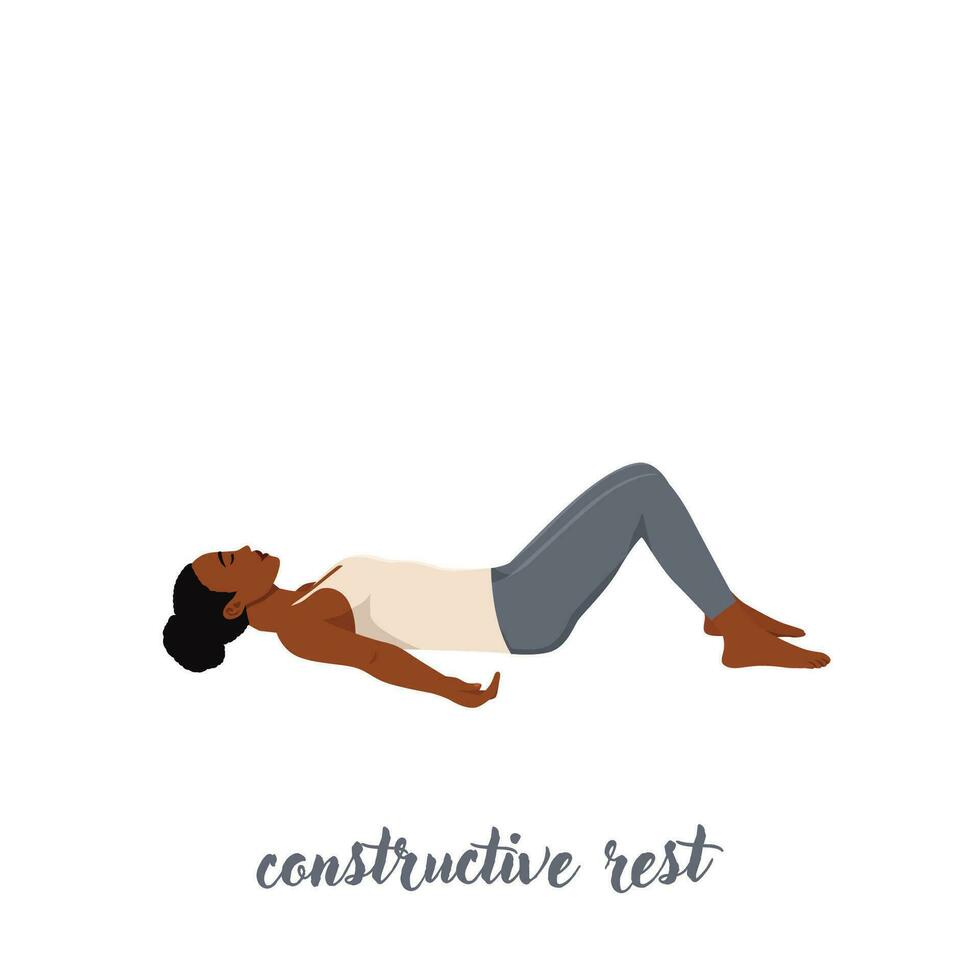 woman doing Constructive Rest Pose, Savasana Variation Bent Legs, Corpse Pose Variation Bent Legs. vector