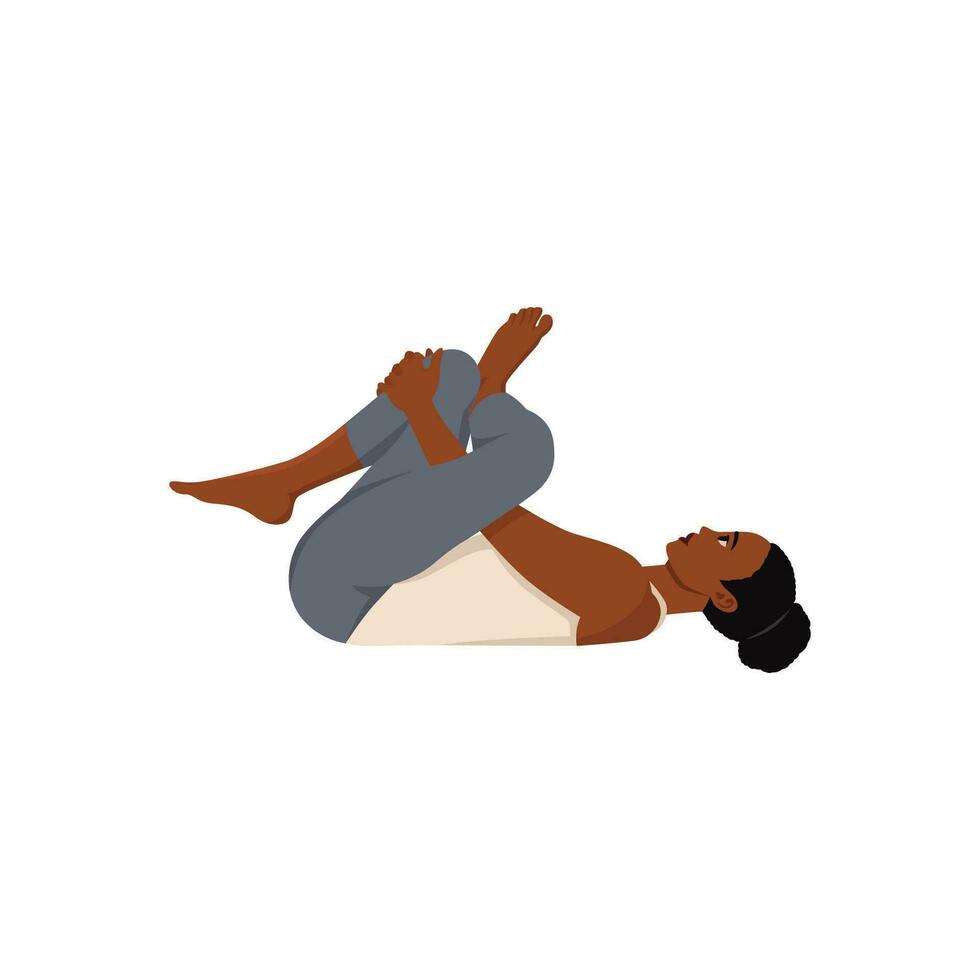 Woman working out at home, doing yoga exercise on floor, lying in Eye of the Needle hip stretch pose Dead or Reclining Pigeon posture, resting after practice. vector
