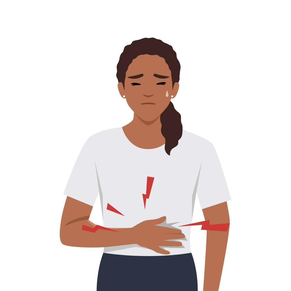 Diarrea o constipación, problemas con salud concepto. joven triste mujer en pie sensación dolor en estómago conmovedor eso con manos teniendo abdomen enfermedad vector