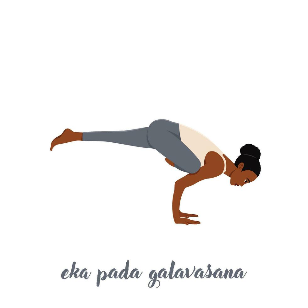 mujer haciendo yoga, pilates, aptitud capacitación, asana eka pada galavasana, volador Paloma o volador cuervo pose, con una sola pierna balance. vector