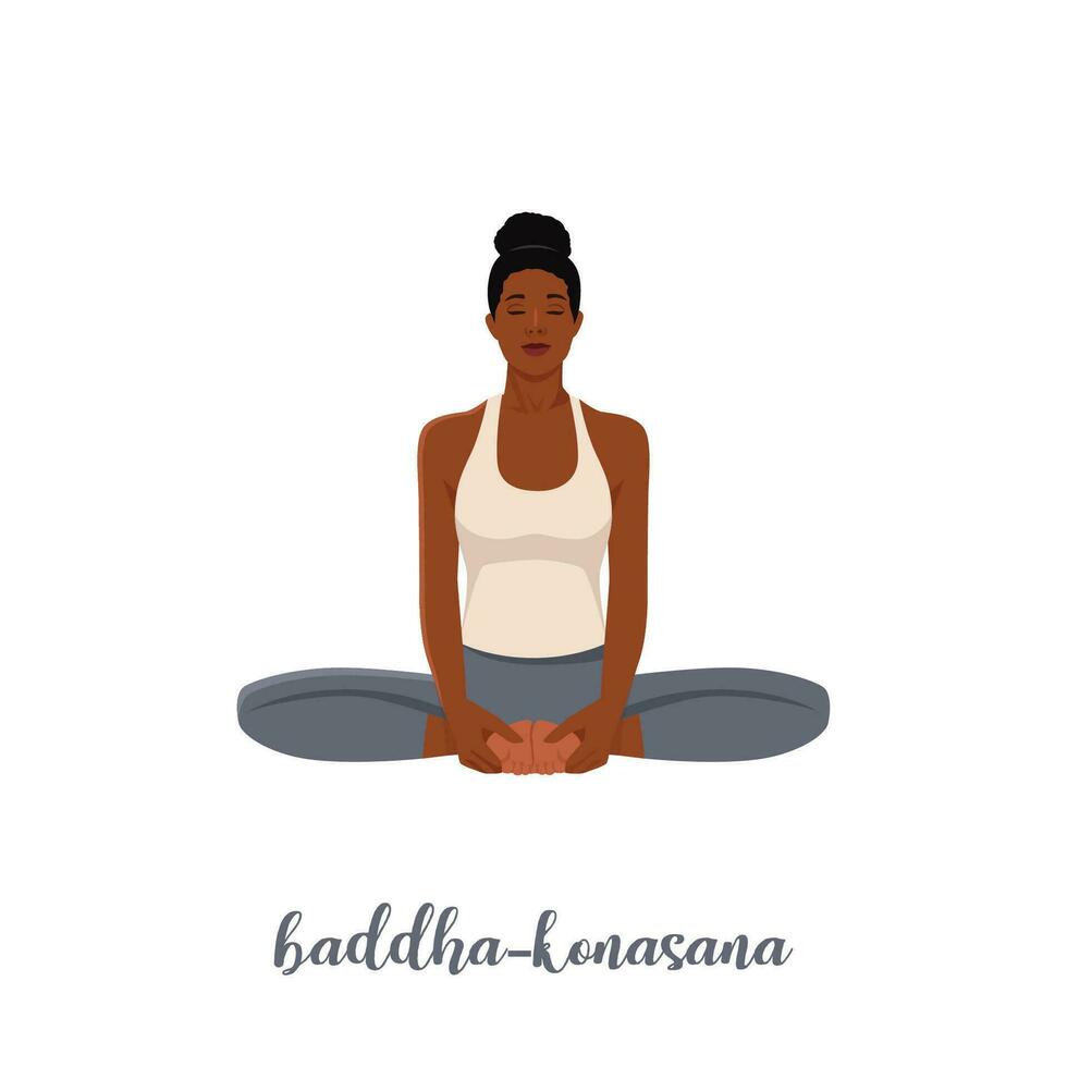 mujer haciendo ligado ángulo yoga pose. baddha konasana. vector