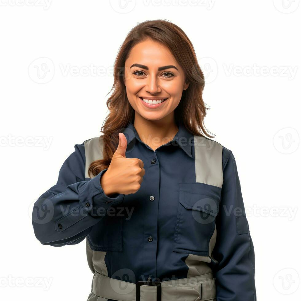 AI generated Woman worker smiling in blue vest with thumbs up. Woman isolated on white background. photo