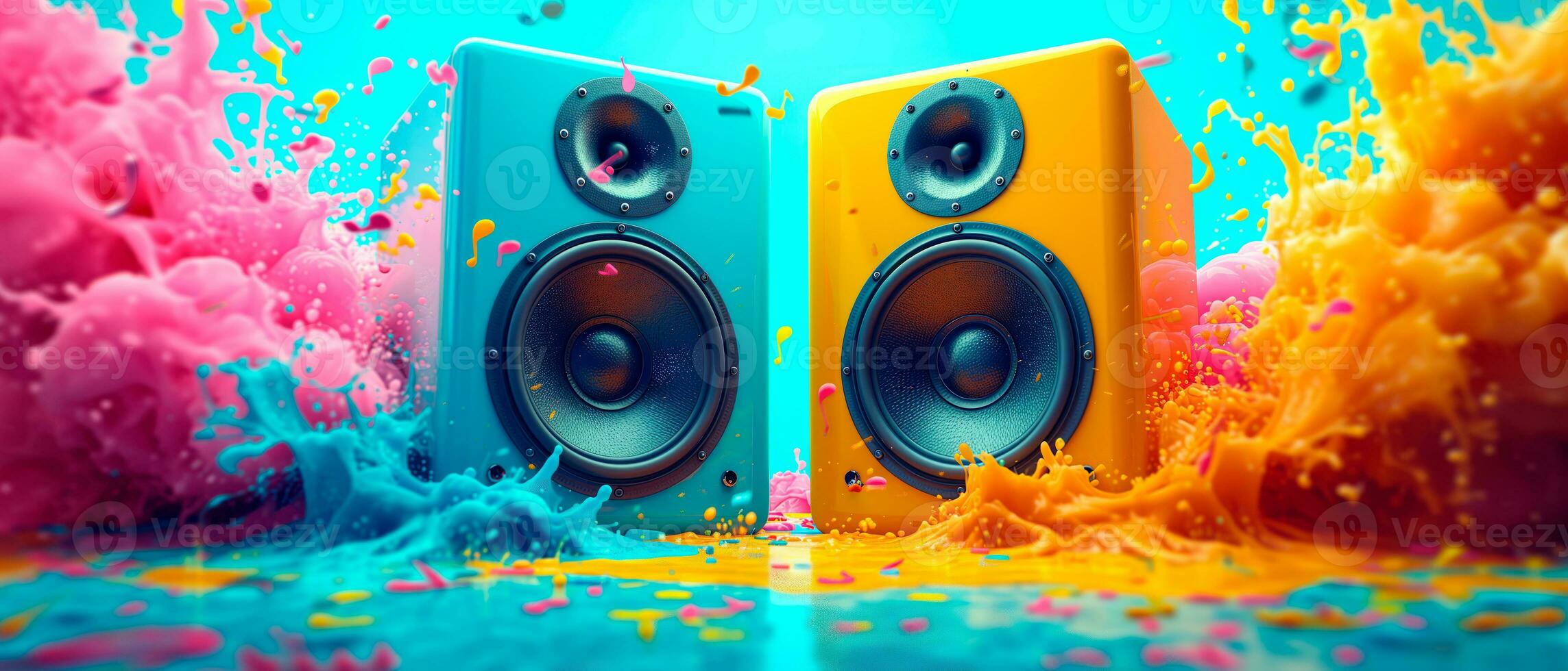 AI generated Speaker system for music in colorful background. Sound and audio equipment. photo