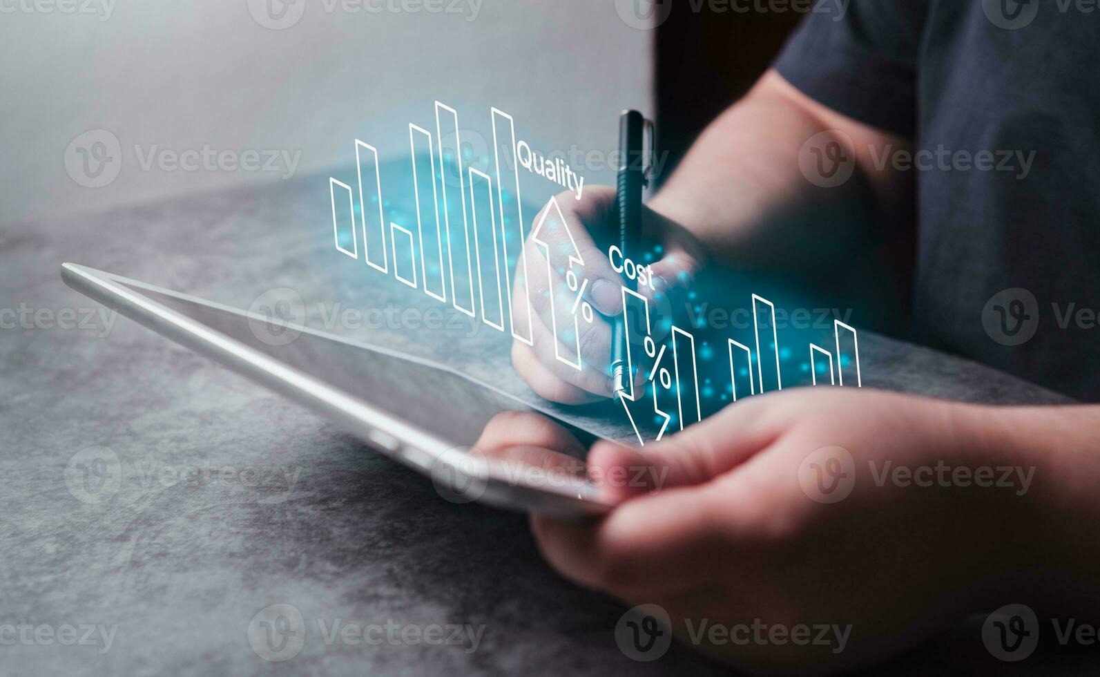 Woman use digital tablet for business cost and quality control. Strategy and project management concept. Business woman working with holographic graph of quality control growth and cost reduction. photo