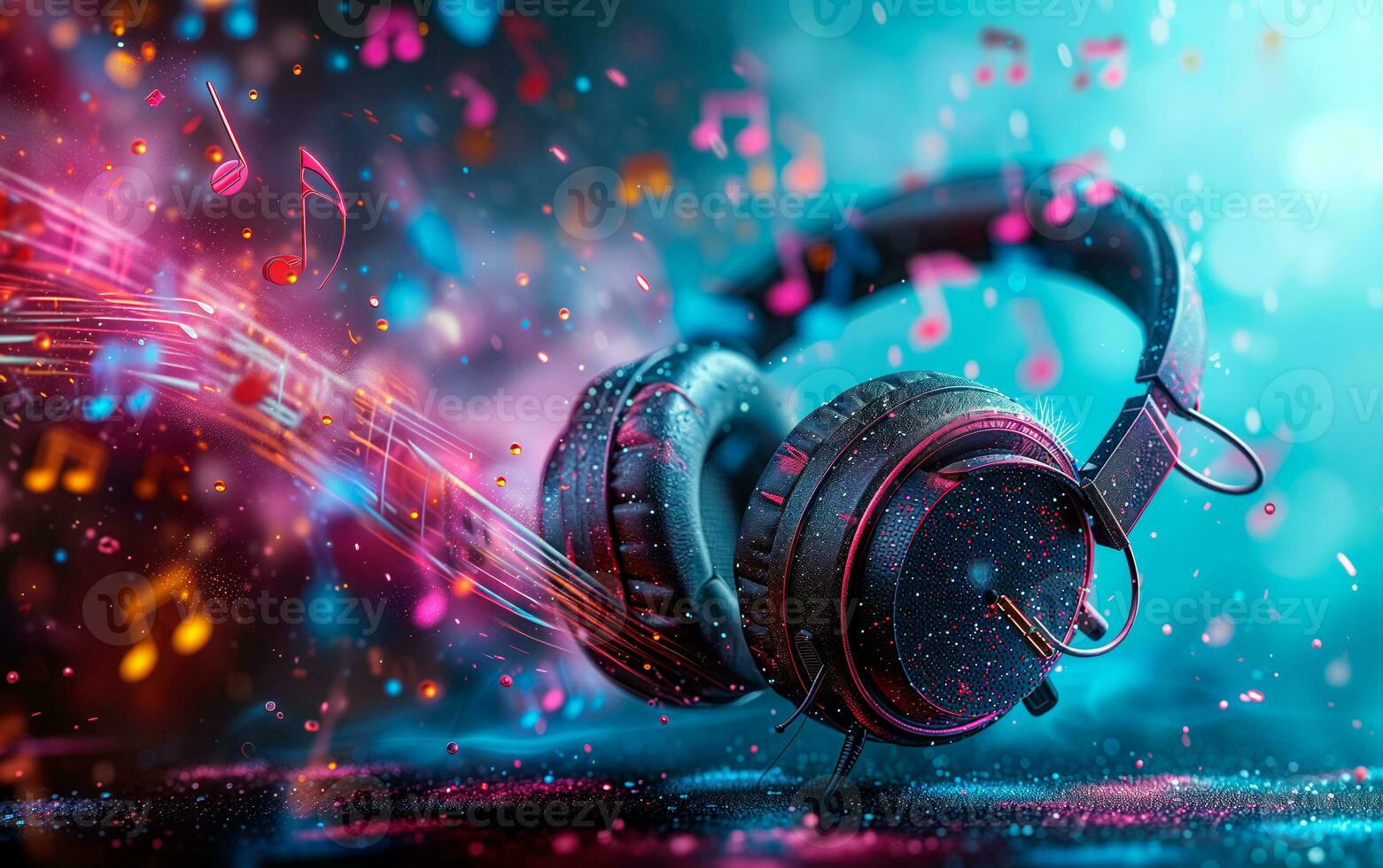 AI generated Studio shot of black headphones over music note explosion background with empty space for text. photo