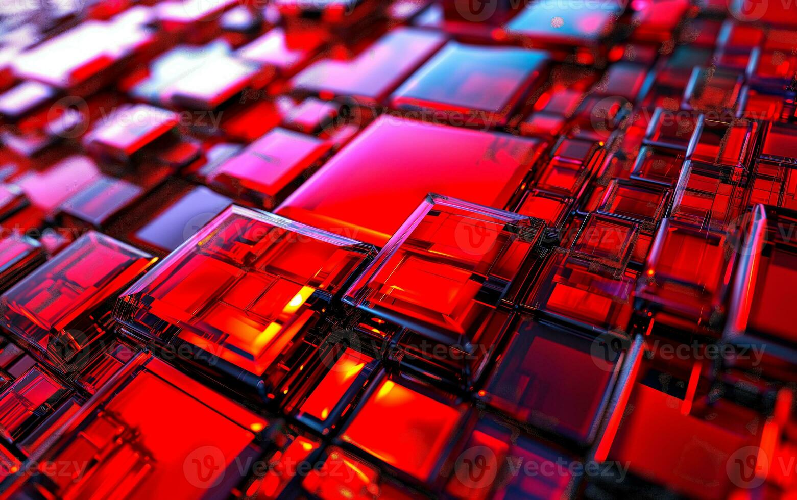 AI generated Futuristic abstract wallpaper with nano neon crystal squares in vivid red and yellow colors. Business background technology presentation concept. photo