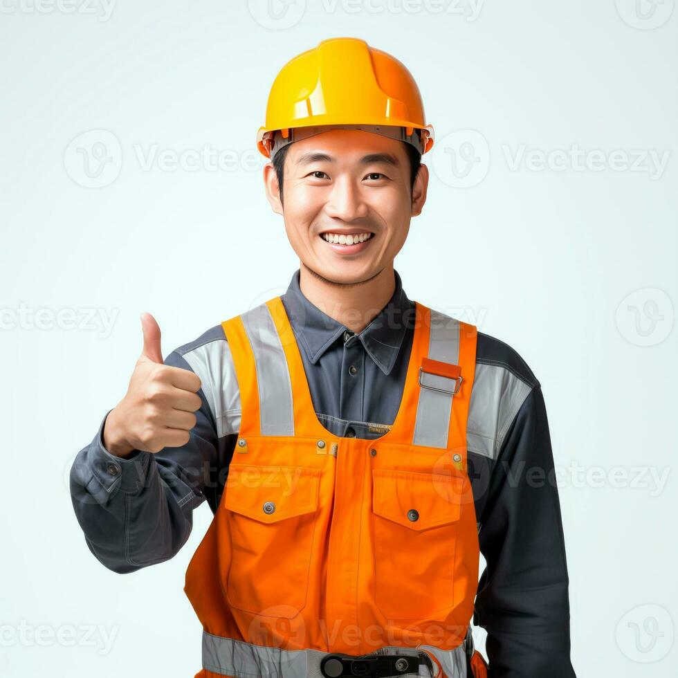 ai generado asiático hombre trabajador sonriente en casco y naranja chaleco con pulgares arriba. hombre aislado en blanco antecedentes. foto