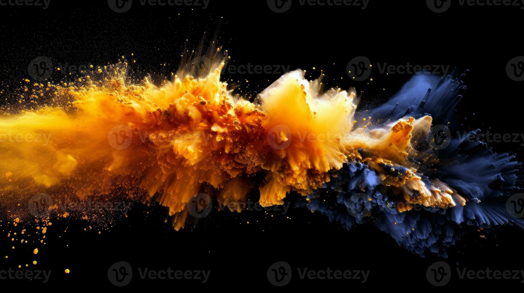 AI generated Splash of color paint on dark background. Abstract pattern for Holi festival day. Blue, orange and yellow specks over black background. AI Generated photo