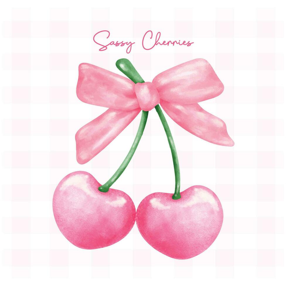 caliente rosado coqueta cerezas con rosado cinta arco, estético acuarela mano dibujo vector