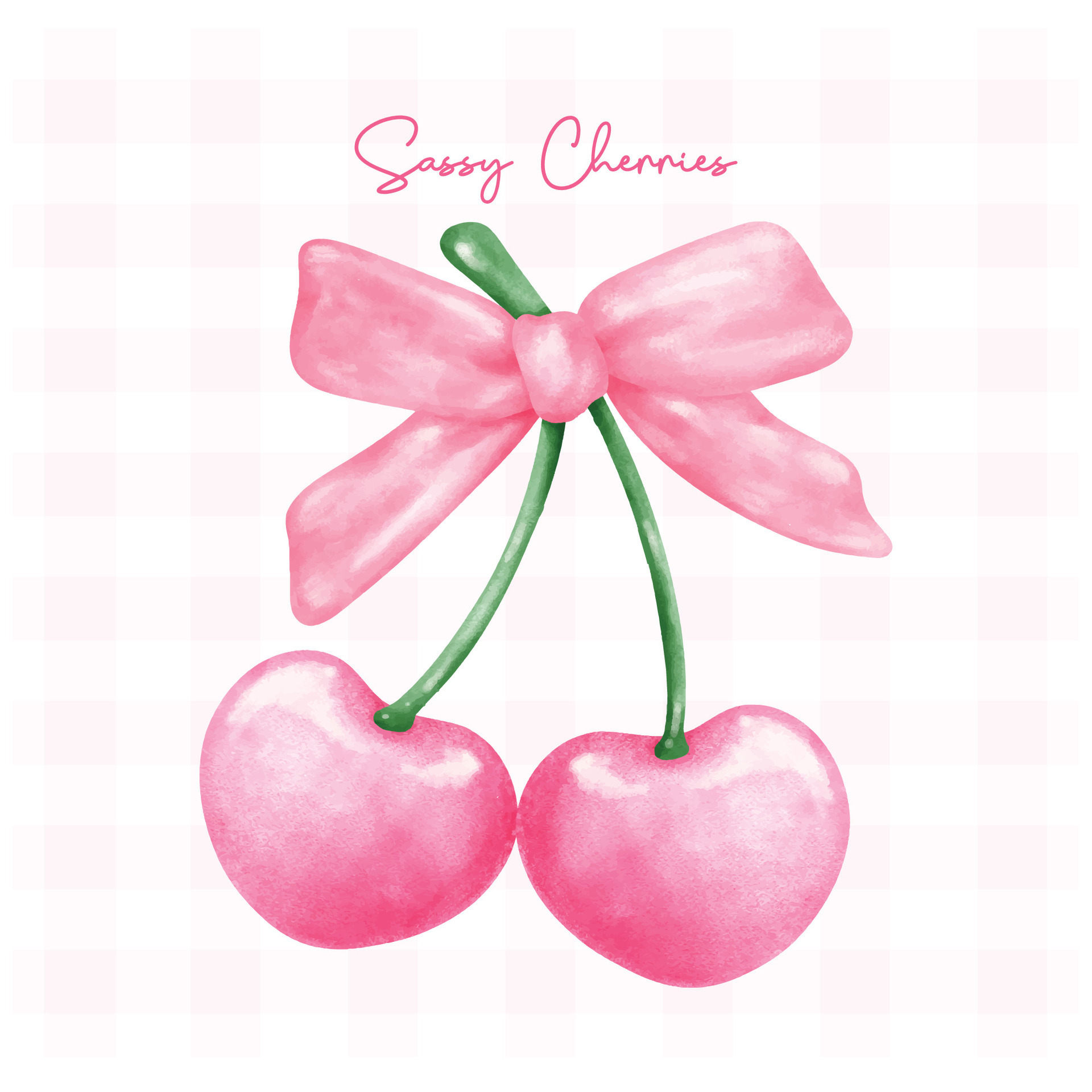 Hot Pink coquette cherries with pink ribbon bow, aesthetic watercolor