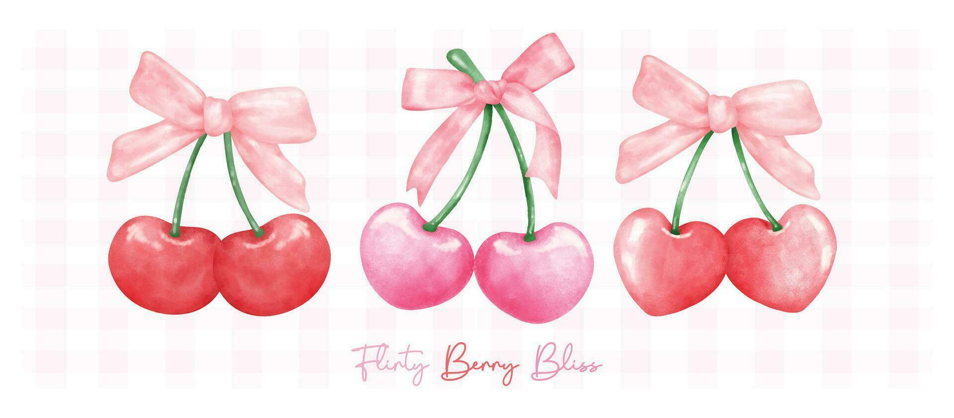 grupo de rojo y caliente rosado coqueta cerezas con cinta arco, estético acuarela mano dibujo bandera. vector