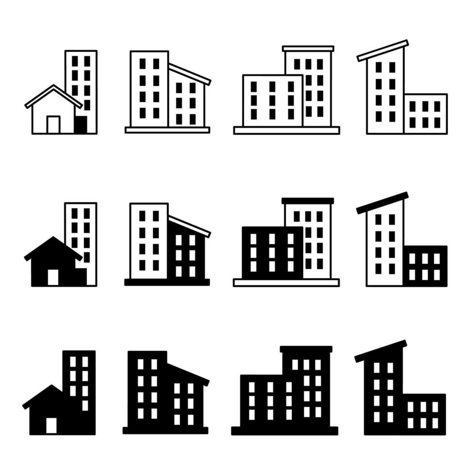 edificio icono ilustración recopilación. negro y blanco diseño icono para negocio. valores vector. vector