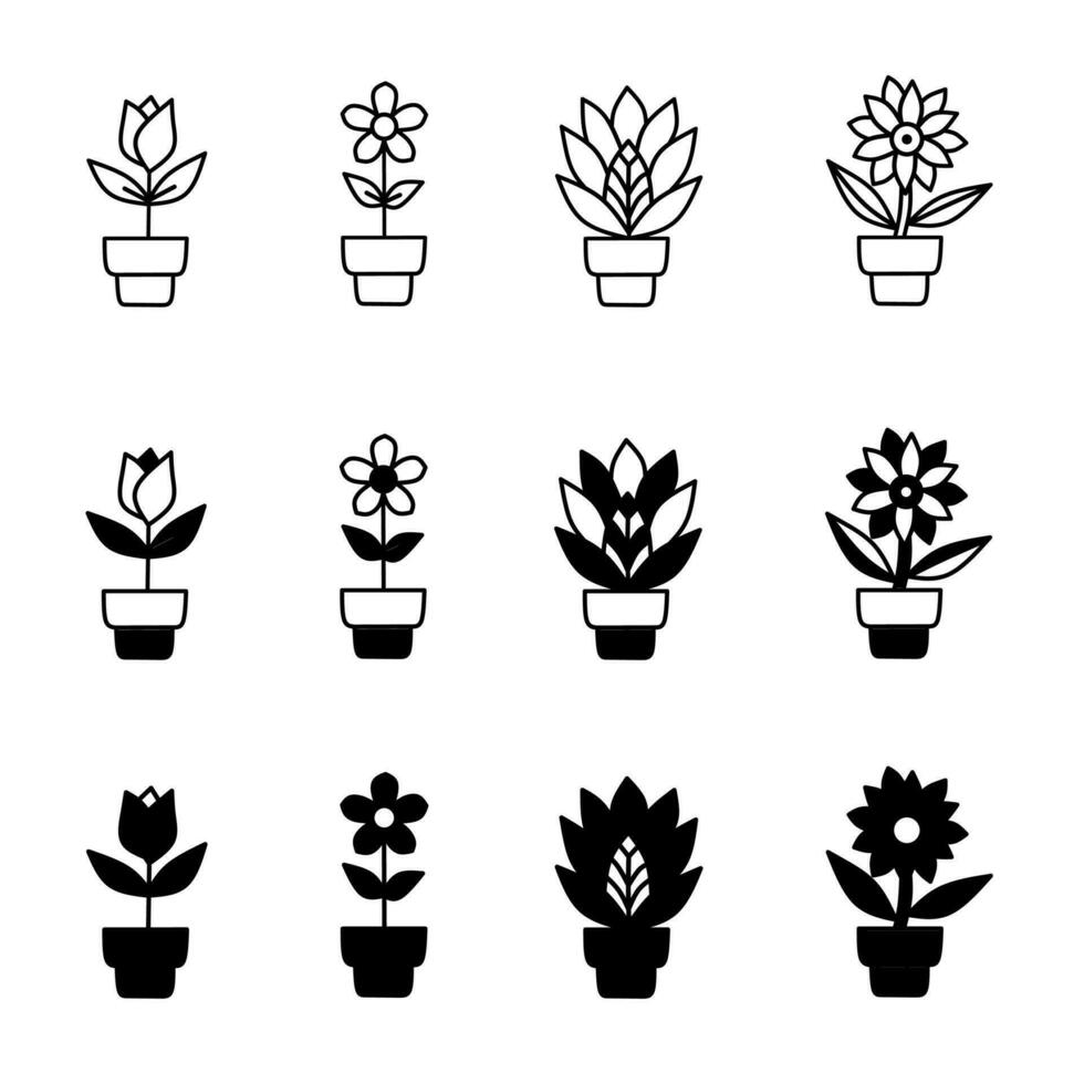 Flower in pots icon illustration collection. Black and white design icon for business. Stock vector. vector