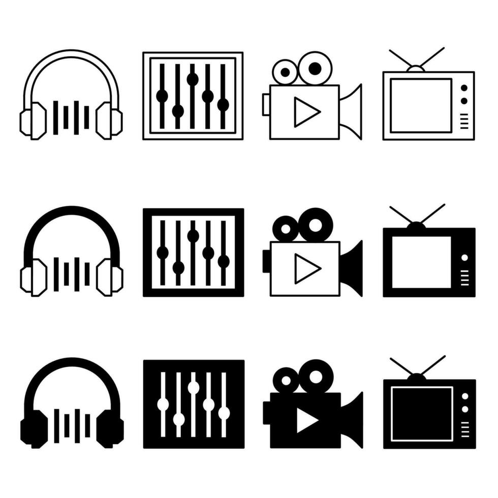 Audio and video icon illustration collection. Black and white design icon for business. Stock vector. vector