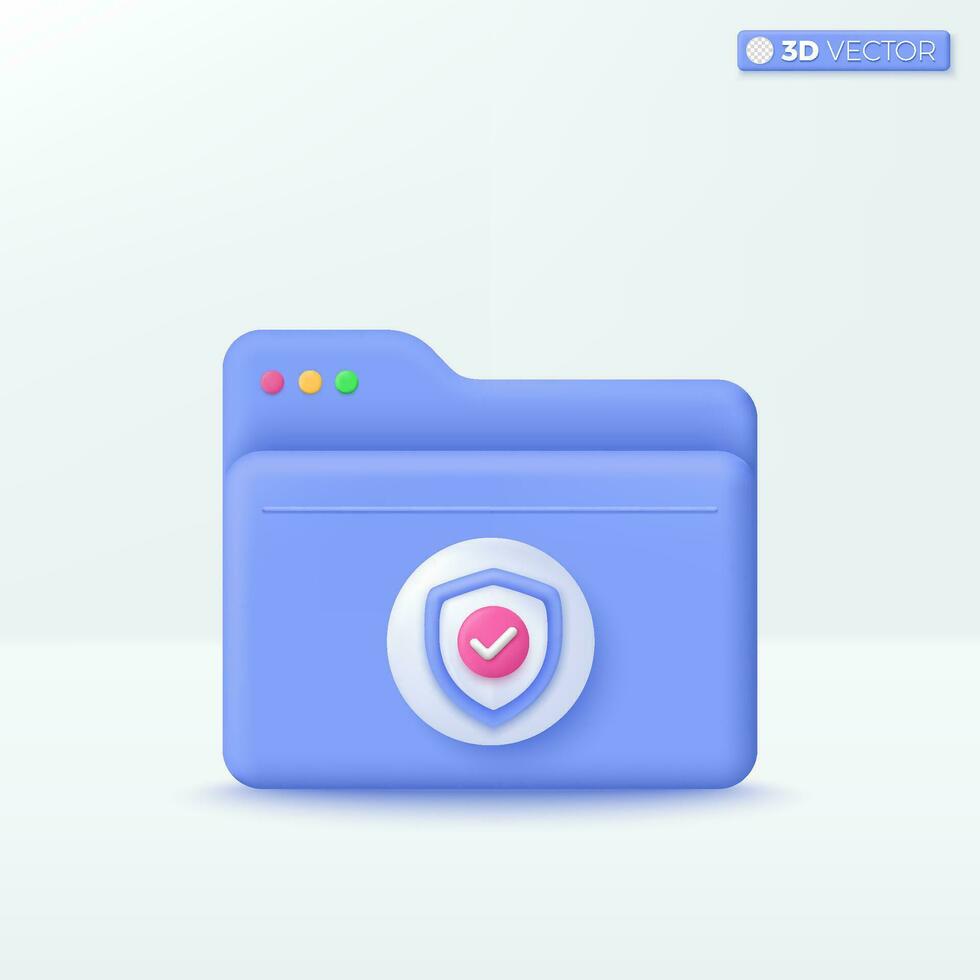 Folder with Shield icon symbol. Cyber Security, protecttion, guarantee, Comfortable searching, Stored data, File management concept. 3D vector isolated illustration, Cartoon pastel Minimal style.