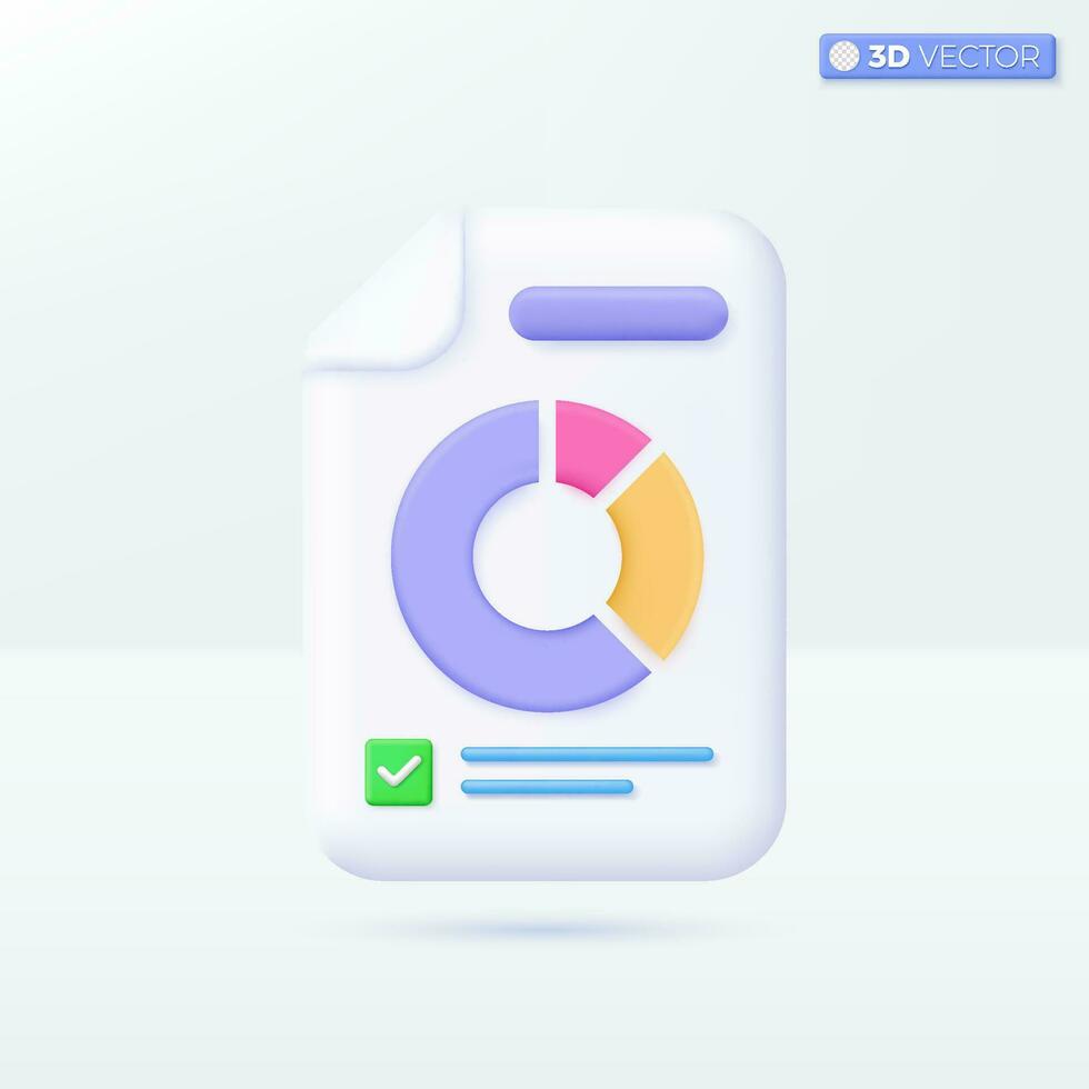 Document and circle graph icon symbols. Project task management, financial success, business concept. 3D vector isolated illustration design. Cartoon pastel Minimal style. For design ux, ui, print ad.