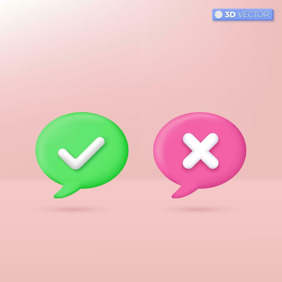 Right and Wrong icon symbols. check mark, cross mark, yes, accepted and rejected concept. 3D vector isolated illustration design Cartoon pastel Minimal style. You can used for design ux, ui, print ad.