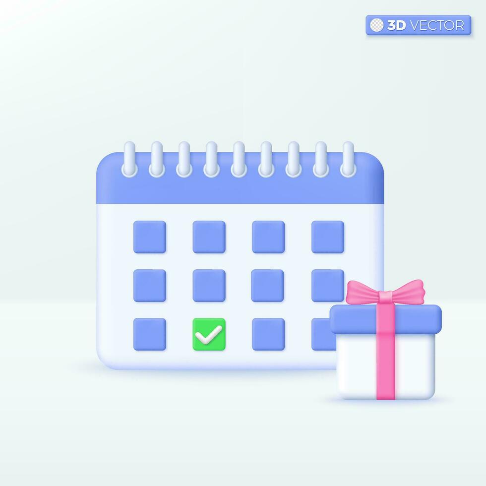 calendario con regalo caja icono simbolos diario cumpleaños evento calendario planificador, Boda día. boxeo día rebaja y salvar el fecha concepto. 3d vector aislado ilustración diseño. dibujos animados pastel mínimo estilo