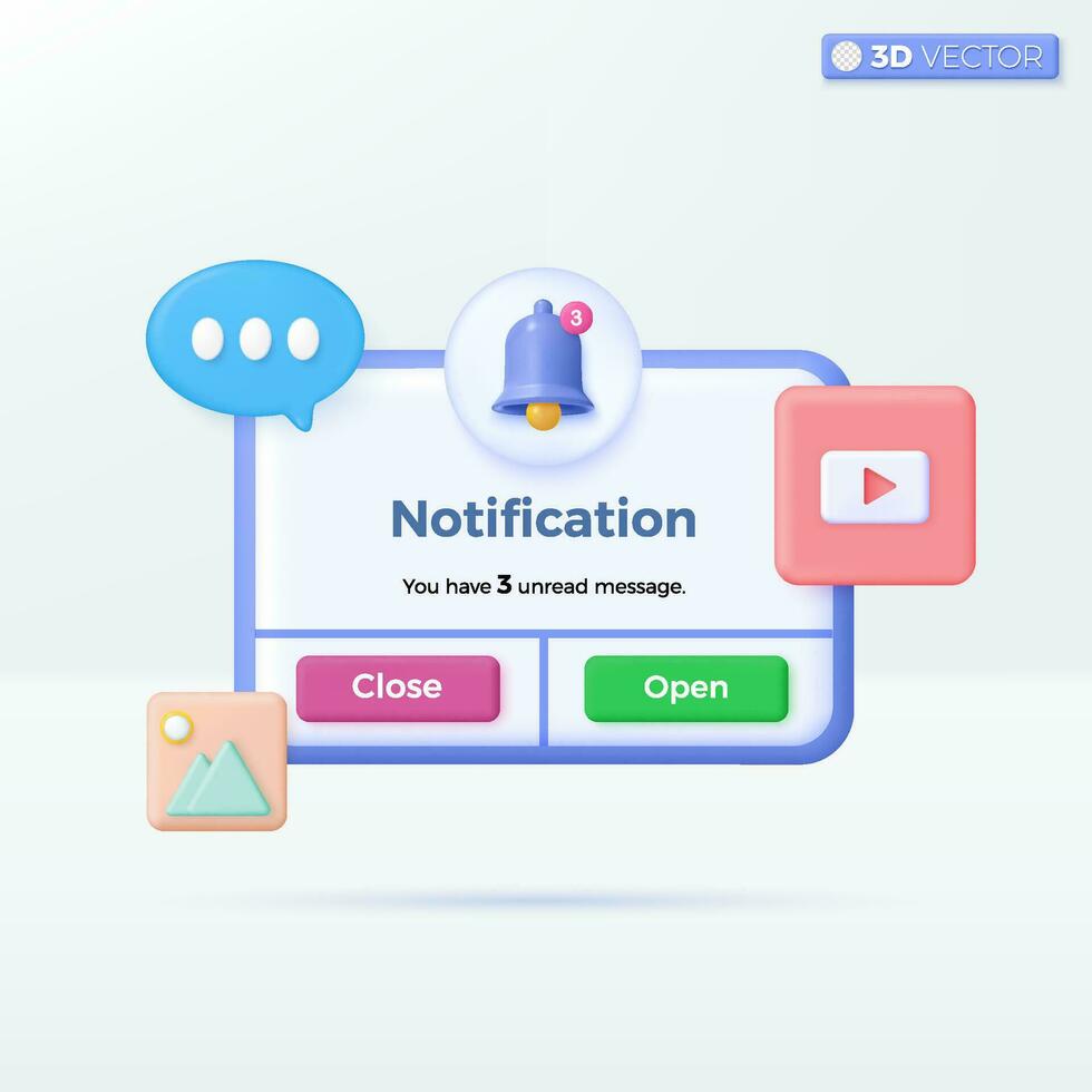 Reminder Notifications page banner icon symbols. Multimedia, chat, Marketing planning, photo, reminder letter online email concept. 3D vector isolated illustration design. Cartoon pastel Minimal style