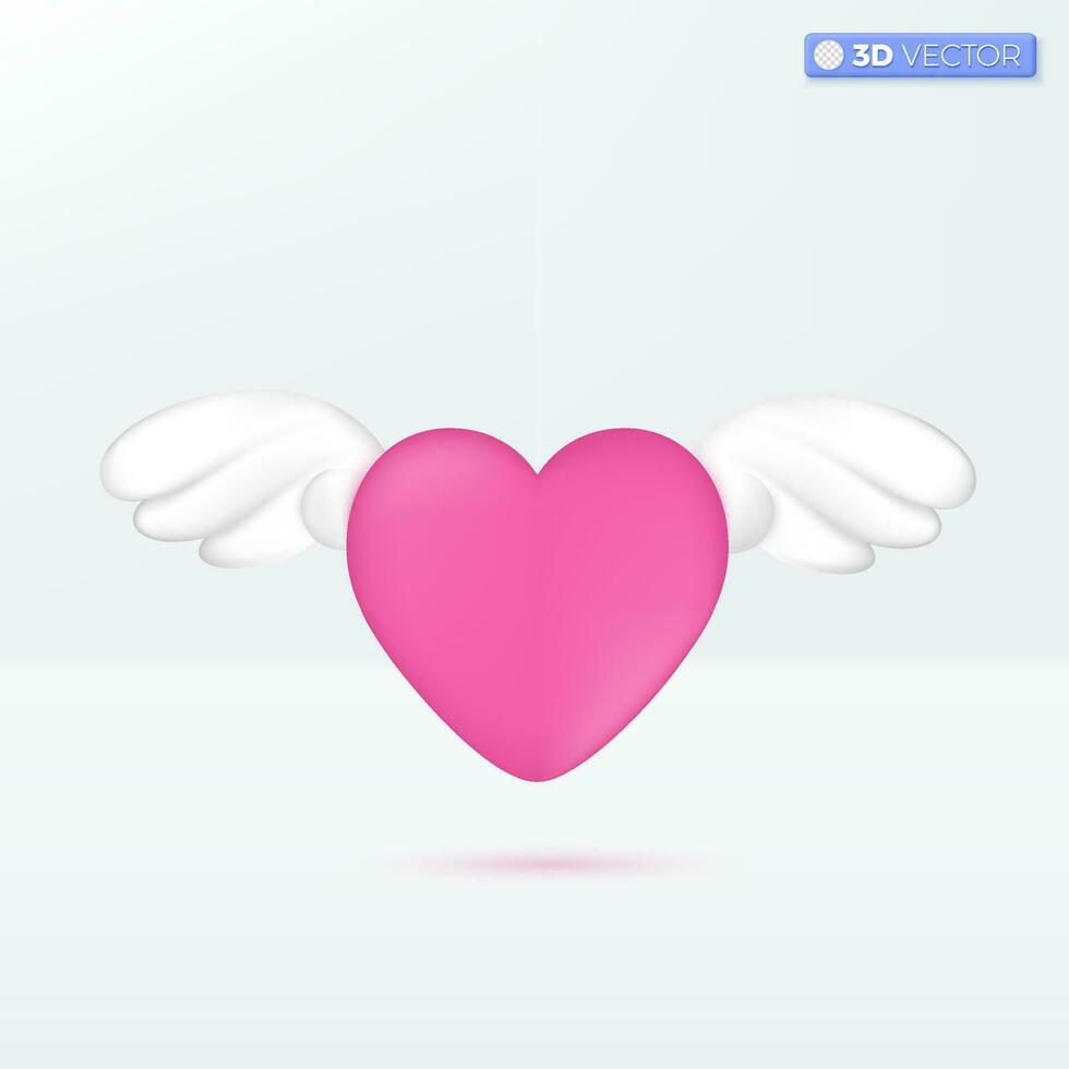 Red heart with wings icon symbols. romantic love, Greeting Valentine, Wedding Celebration concept. 3D vector isolated illustration design. Cartoon pastel Minimal style. For design ux, ui, print ad.