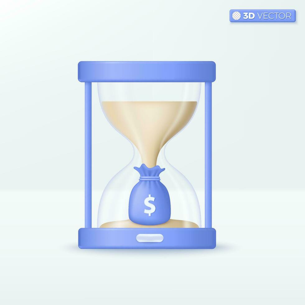 reloj de arena y dinero bolso icono simbolos acumular, crecimiento activo, negocio financiero inversión concepto. 3d vector aislado ilustración diseño. dibujos animados pastel mínimo estilo. para diseño ux, ui, impresión anuncio