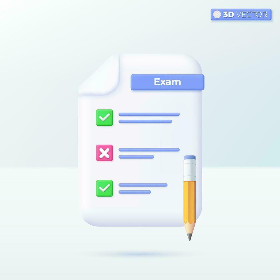 exam paper checklist with pencil icon symbols. fast work on project plan, fast progress concept. 3D vector isolated illustration design Cartoon pastel Minimal style. For design ux, ui, print ad.