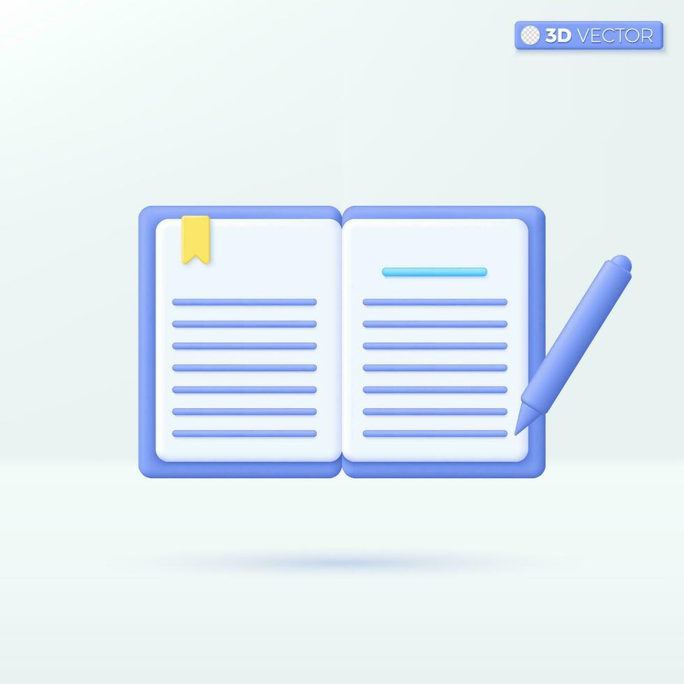 Diary or Book with pen icon symbols. Textbook with bookmark, e-book, magazine, Education concept. 3D vector isolated illustration design. Cartoon pastel Minimal style. For design ux, ui, print ad.