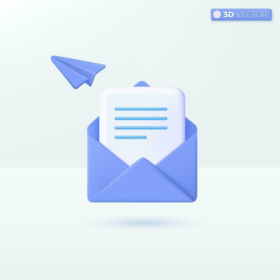 sobre con papel avión icono símbolo. enviar correo notificación, telegrama, letra en línea correo electrónico concepto. 3d vector aislado ilustración diseño. dibujos animados pastel mínimo estilo. para diseño ux, ui, impresión anuncio.