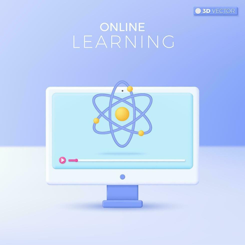 E-learning icon symbols. Science, nucleus, Atom, Molecules, Online education at home concept. 3D vector isolated illustration design Cartoon pastel Minimal style. For design ux, ui, print ad.