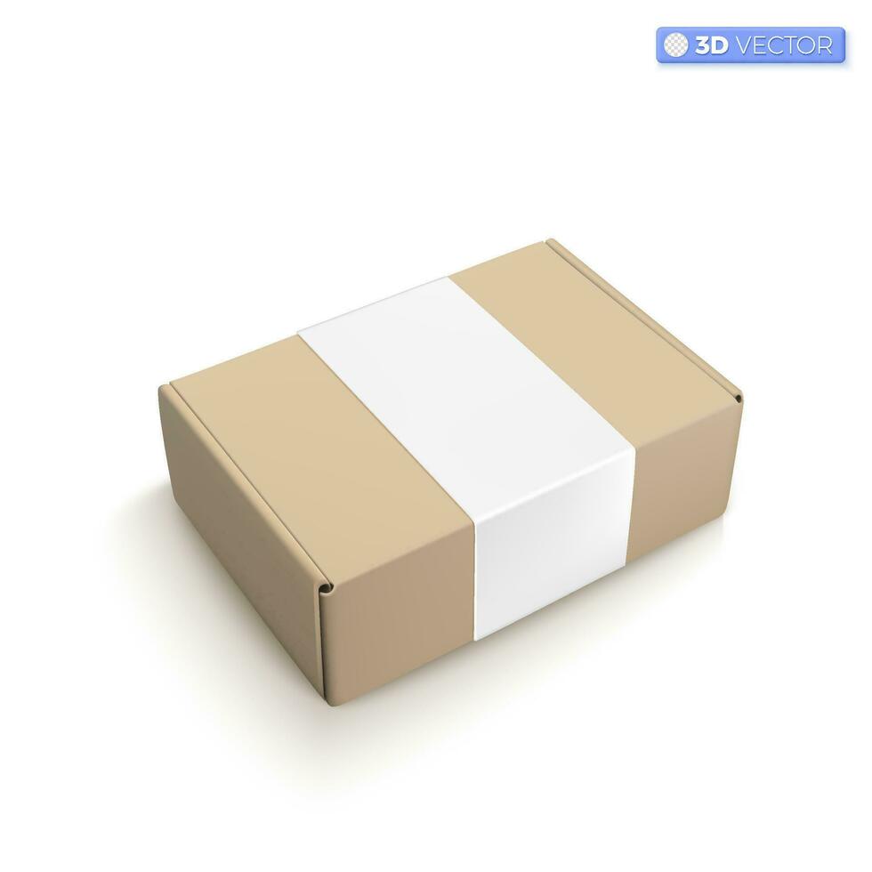 Realistic cardboard box icon symbols. Blank white cube product packaging paper cardboard box, carton packaging box mockup. 3D vector isolated illustration design. Cartoon pastel Minimal style.